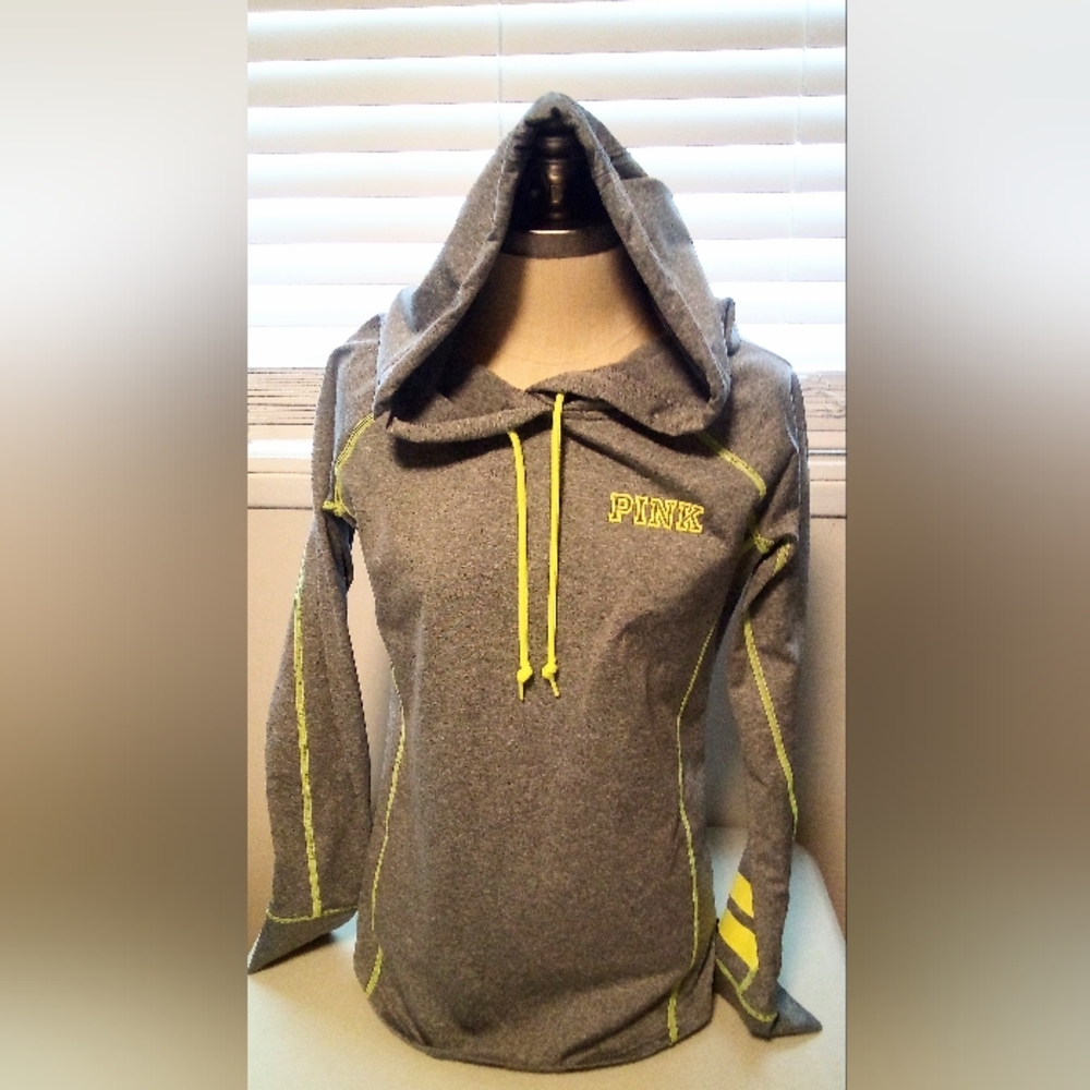 LIKE NEW! PINK Gray & neon yellow long sleeve hoodie. (tight fit) medium